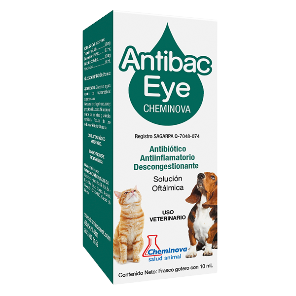 Caja de medicamento veterinario Antibac Eye con imágenes de un gato y un perro y texto que indica que es un antibiótico, antiinflamatorio y descongestionante para uso oftálmico.
Descripción generada con IA