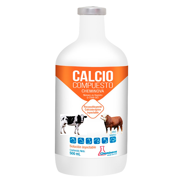 Botella blanca con etiqueta gris que indica que contiene calcio compuesto para uso inyectable en animales, con imágenes de dos vacas y símbolos relacionados con la salud animal.
Descripción generada con IA