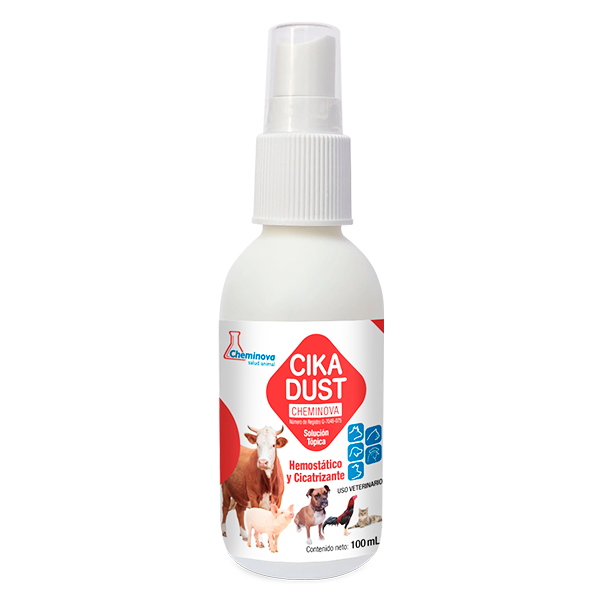 Envase de spray veterinario Cika Dust de Chemnova con imágenes de animales de granja y texto en español.
Descripción generada con IA