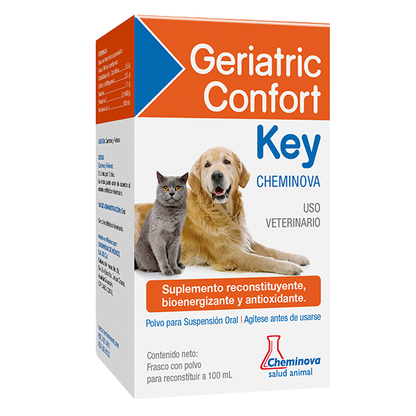 Caja de suplemento veterinario Geriatric Confort Key con imagen de un perro y un gato juntos y texto en español sobre su uso y contenido.
Descripción generada con IA
