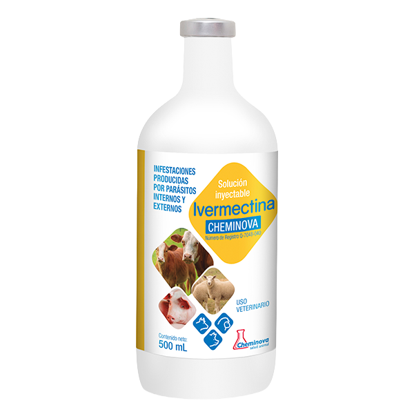 Botella blanca de solución inyectable de ivermectina para uso veterinario con imágenes de animales y texto en español.
Descripción generada con IA