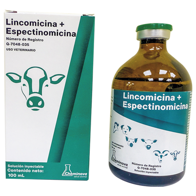 Frasco y caja de solución inyectable veterinaria Lincomicina + Espectinomicina con ilustraciones de animales y texto en español.
Descripción generada con IA