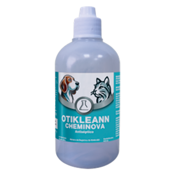 Botella de antiséptico para mascotas con ilustraciones de un perro y un gato en la etiqueta.
Descripción generada con IA