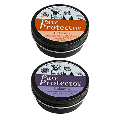 Envases redondos de b&aacute;lsamo para proteger patas de mascotas con aroma a fruta y lavanda, con ilustraciones de un perro y un gato en la etiqueta.

Descripci&oacute;n generada con IA