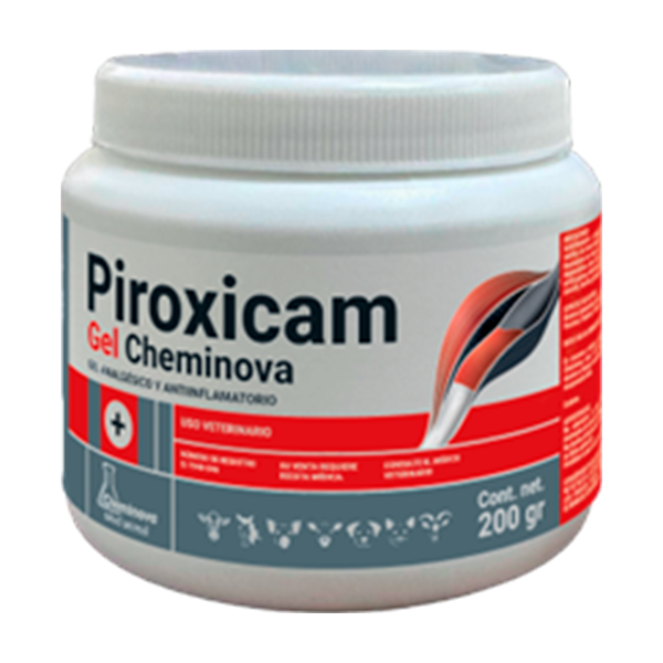 Envase de gel veterinario Piroxicam de la marca Cheminova para uso analgésico y antiinflamatorio en animales con contenido neto de 200 gramos.
Descripción generada con IA