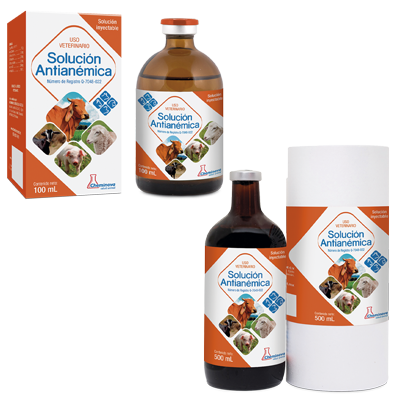 Frasco y caja de solución inyectable veterinaria antianémica con imágenes de varios animales como vacas, ovejas y perros.
Descripción generada con IA