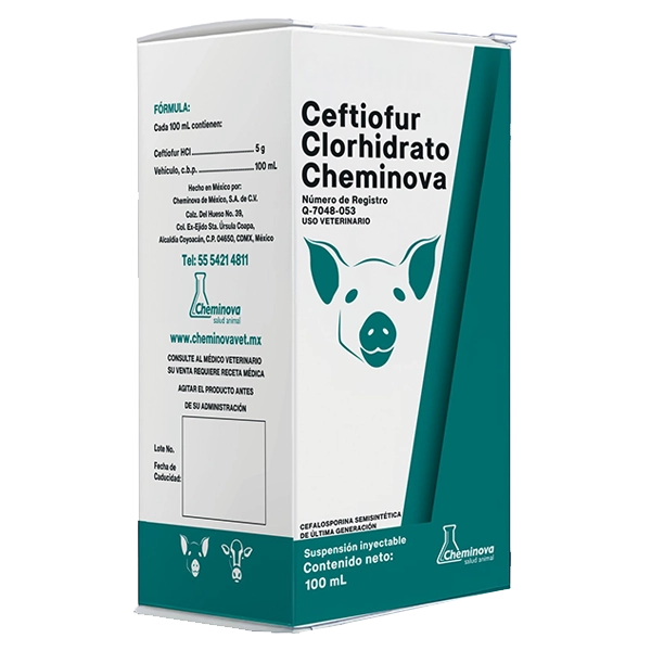 Caja de medicamento veterinario Ceftiofur Clorhidrato Cheminova con ilustración de un perro y texto en español sobre su fórmula y uso.
Descripción generada con IA