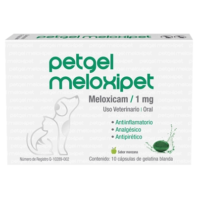 Caja de medicamento veterinario Petgel Meloxipet con meloxicam para uso oral en perros, con ilustración de un perro y descripción de sus propiedades antiinflamatorias, analgésicas y antipiréticas.
Descripción generada con IA