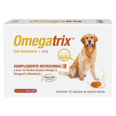 Caja de suplemento nutricional veterinario Omegatrix con sabor salmón que contiene cápsulas de gelatina blanda para uso oral y muestra un perro sentado junto a un plato de comida.
Descripción generada con IA
